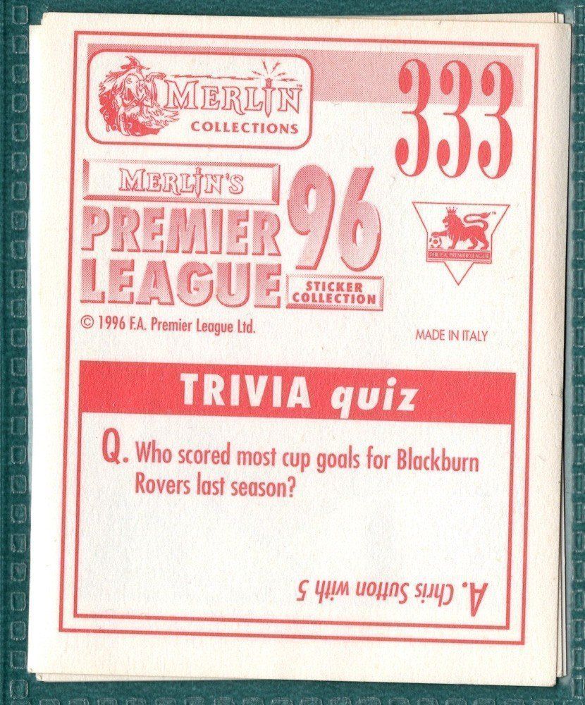 Merlin Premier League 96 Sticker - Andy Pearce Sheffield Wednesday No. 333
