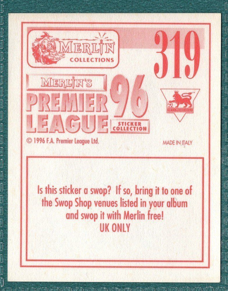 Merlin Premier League 96 Sticker - Arsenal Club Programme No. 319