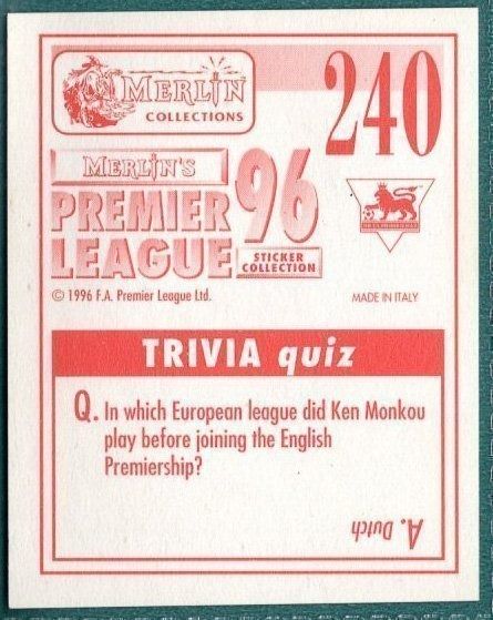 Merlin Premier League 96 Sticker – Dave Beasant Wimbledon FC No. 240