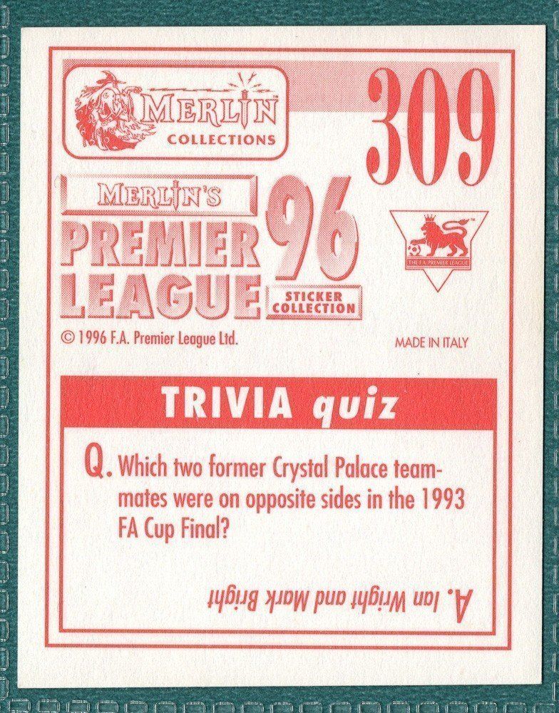 Merlin Premier League 96 Sticker - David Platt Arsenal FC 309 Excellent