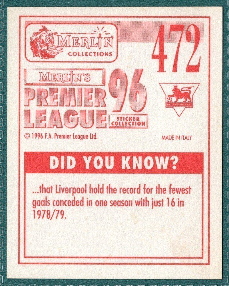Merlin Premier League 96 Sticker – Dwight Yorke Aston Villa No. 472