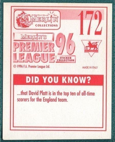 Merlin Premier League 96 Sticker – Jason Dozzell Tottenham Hotspur No. 172