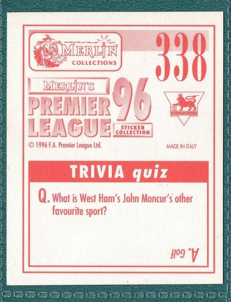 Merlin Premier League 96 Sticker - Marc Degryse Sheffield Wednesday No. 338