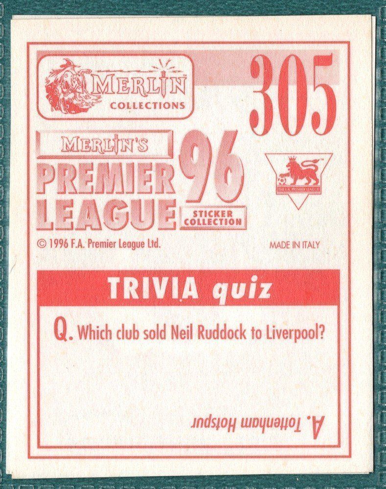 Merlin Premier League 96 Sticker - Nigel Winterburn Arsenal FC No. 305