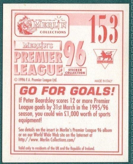 Merlin Premier League 96 Sticker – Peter Beardsley Newcastle United No. 153