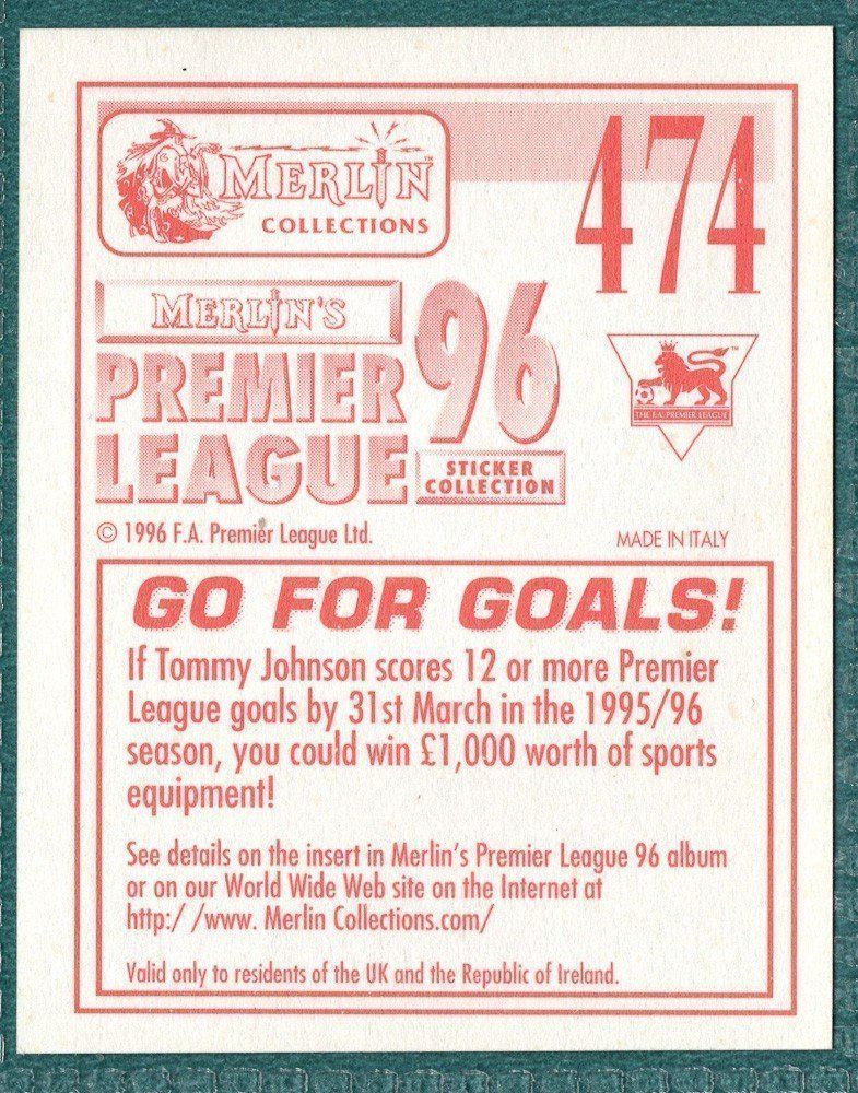 Merlin Premier League 96 Sticker – Tommy Johnson Aston Villa No. 474