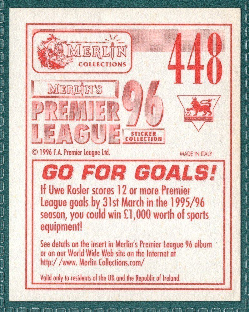 Merlin Premier League 96 Sticker – Uwe Rosler Manchester City No. 448