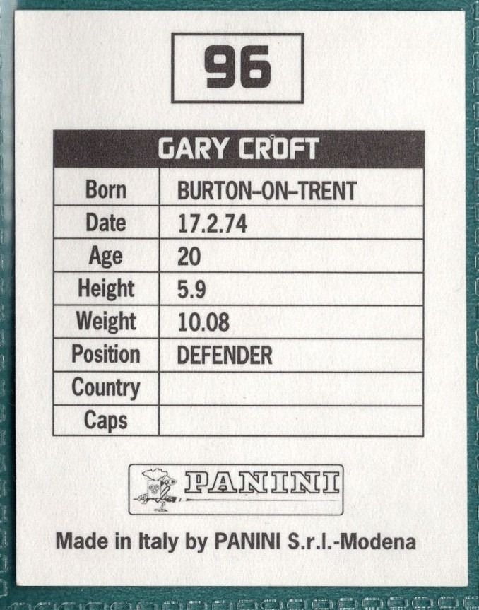 Panini Sticker Gary Croft Grimsby Town No.96