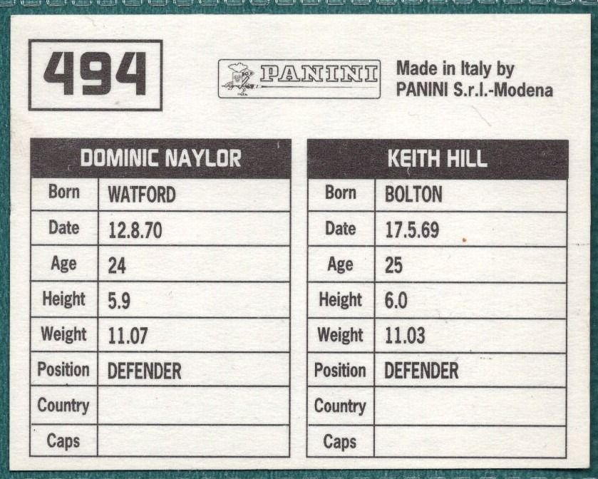 Panini Sticker Hill / Naylor Plymouth Argyle No.494