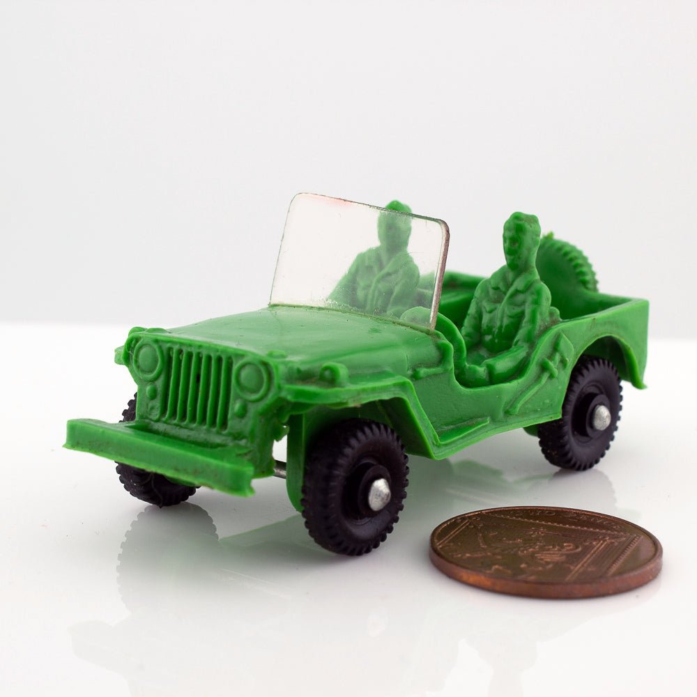 Tomte Laerdal Norway, 2 Jeep Willys 1962 Vintage Green Vinyl Plastic Model