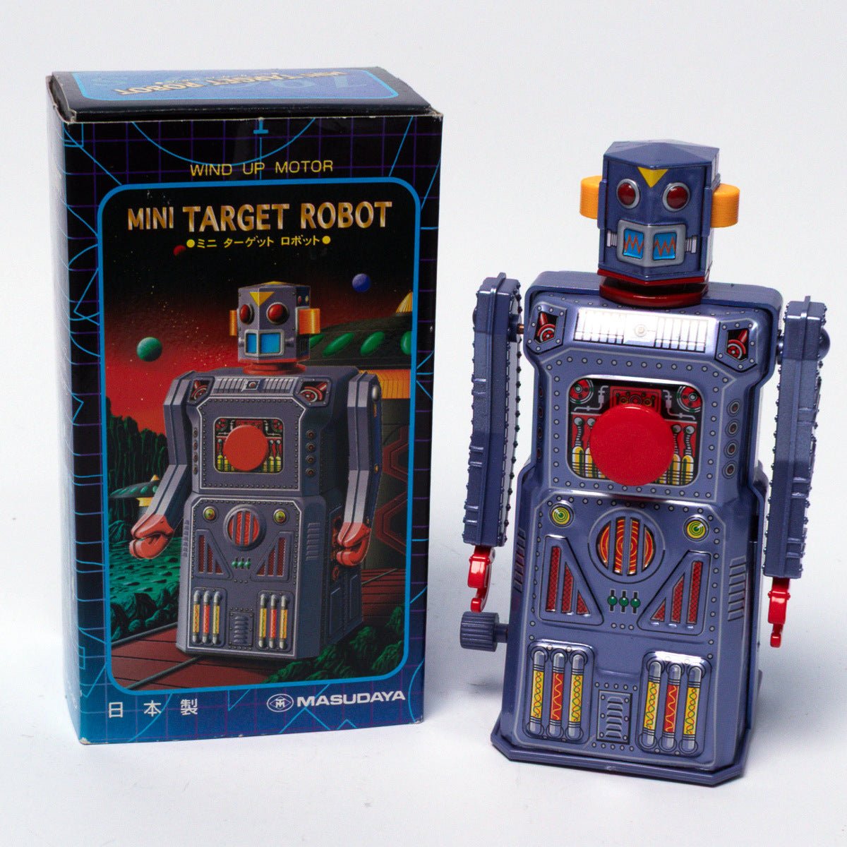 Vintage 1997 Masudaya Mini Target Robot Clockwork Tin Toy Replica Mint & Boxed