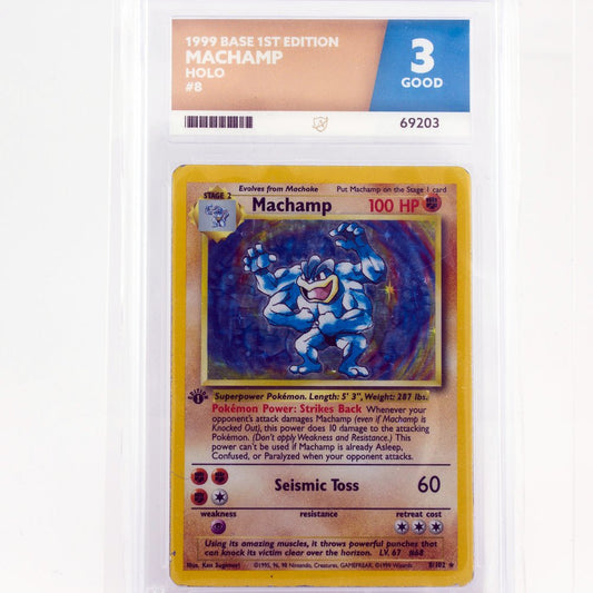 1999 Pokemon Base Set 1st Edition 8/102 Machamp Holo Rare ACE 3 GOOD