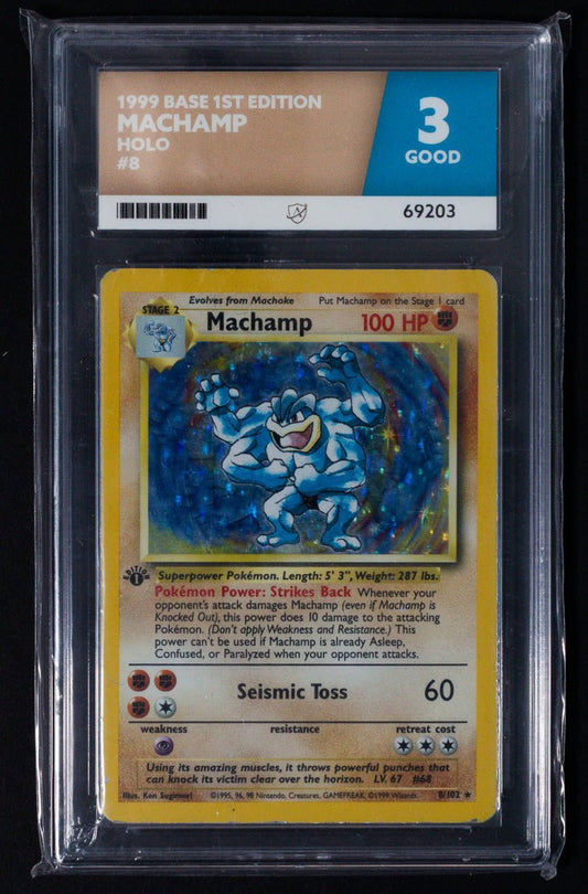 1999 Pokemon Base Set 1st Edition 8/102 Machamp Holo Rare ACE 3 GOOD