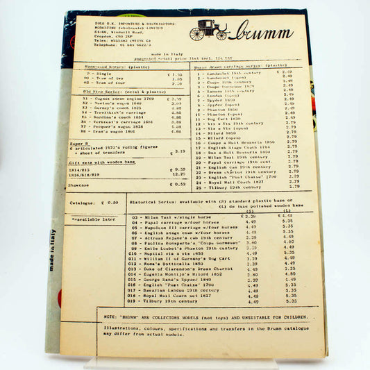 Brumm 1982 UK Toy Catalogue with MSRP Sheet Issued by UK Distributor, Modeltime