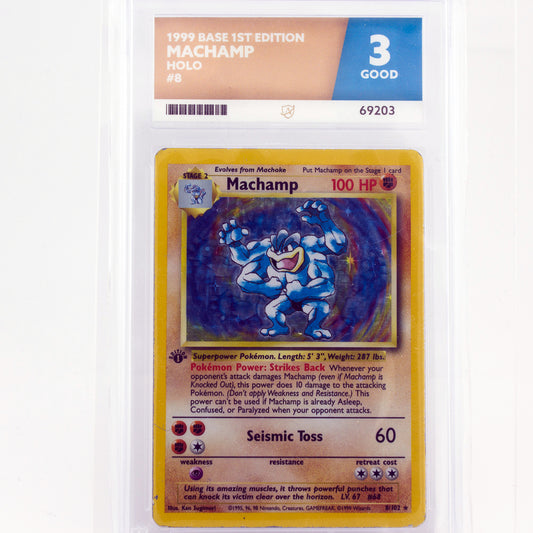 1999 Pokemon Base Set 1st Edition 8/102 Machamp Holo Rare ACE 3 GOOD