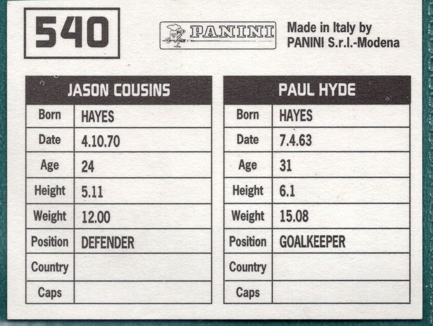 Panini Sticker Hyde / Cousins Wycombe Wanderers No.540