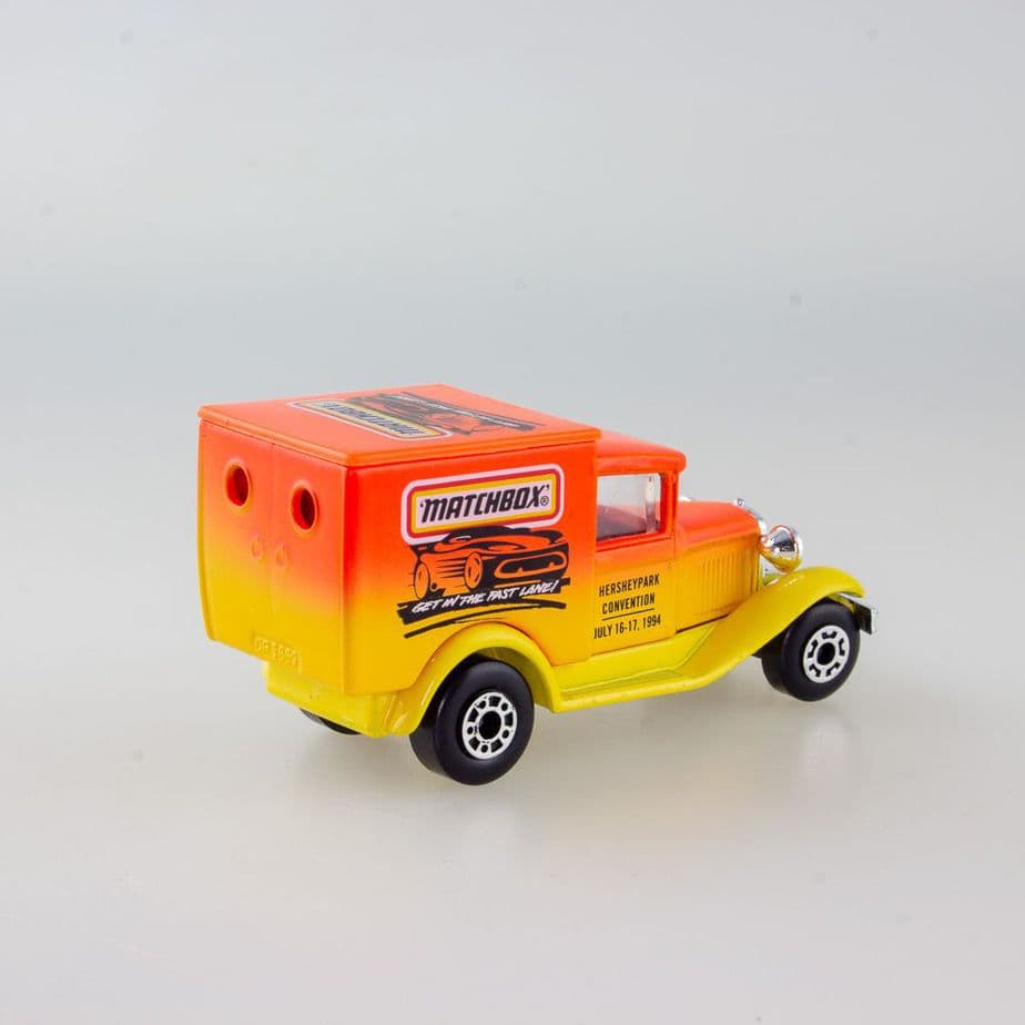 Matchbox Promo Model A Ford from Hershey Park Convention July 16-17, 1994. The Model A Ford Delivery Van comes In striking Matchbox Colours. It comes Mint condition with no paint loss or wear. It also comes in a Near Mint white promo box which are each individually numbered on the inside.