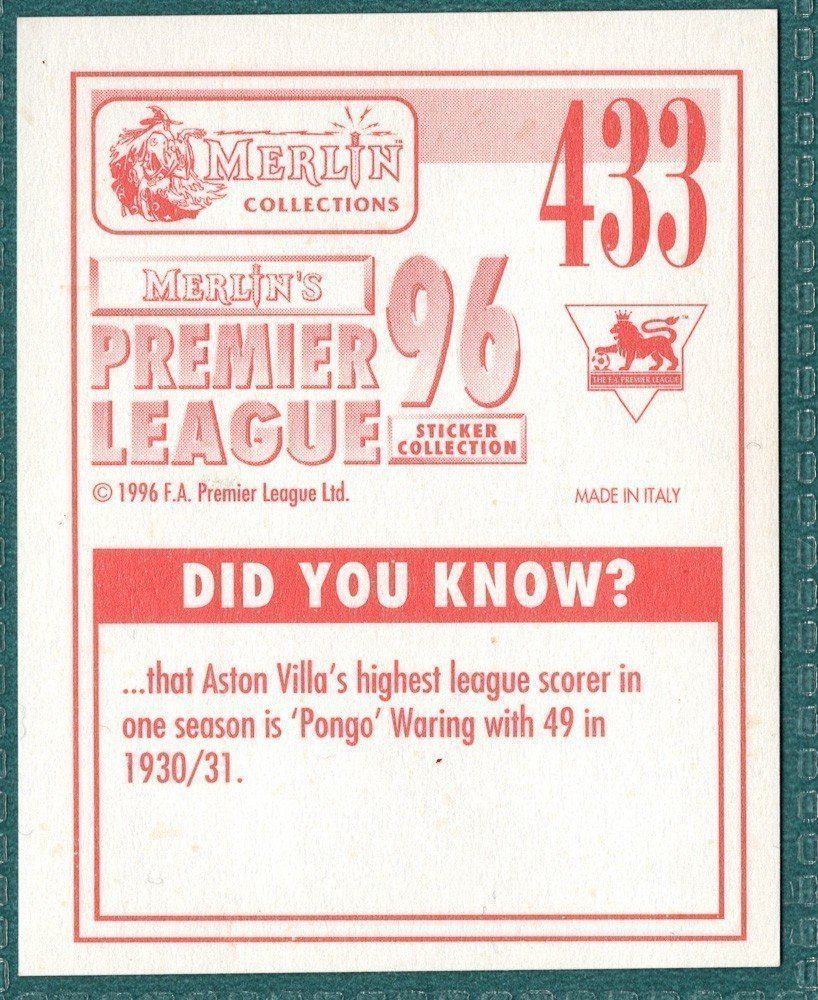 Merlin Premier League 96 Sticker – Alan Kernaghan Manchester City No. 433