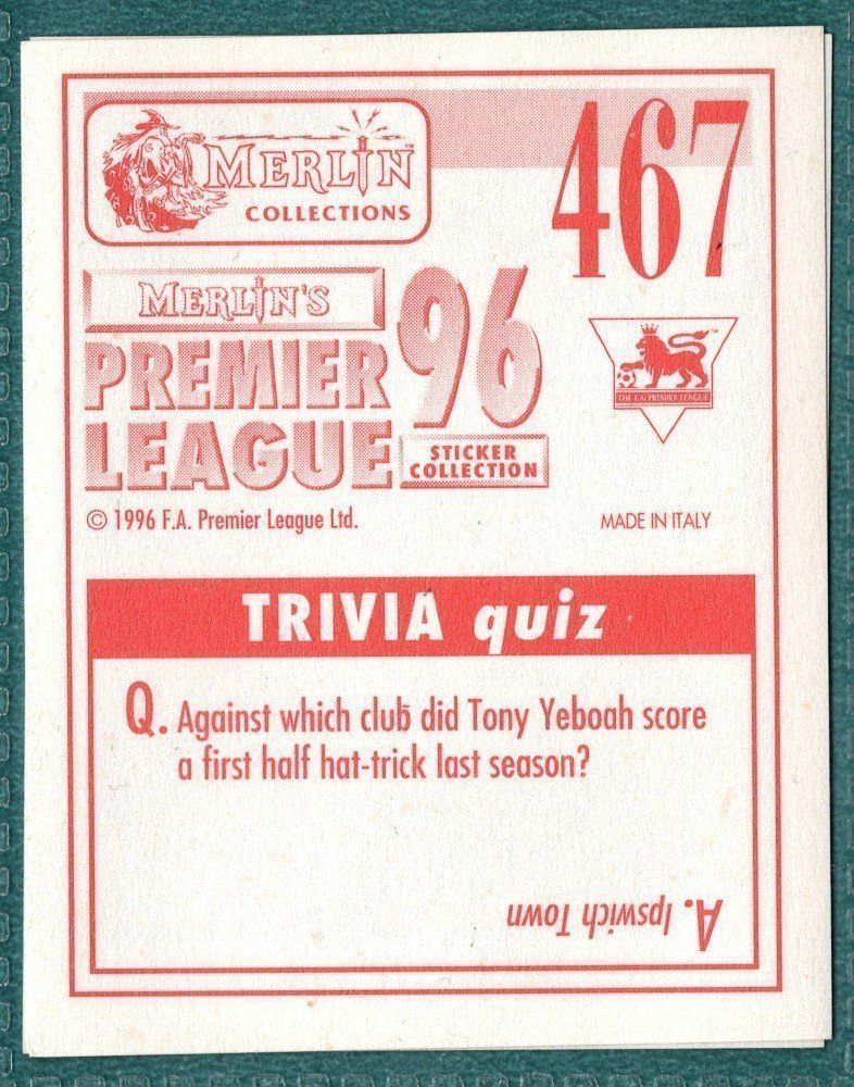 Merlin Premier League 96 Sticker – Andy Townsend Aston Villa No. 467 Picture 2