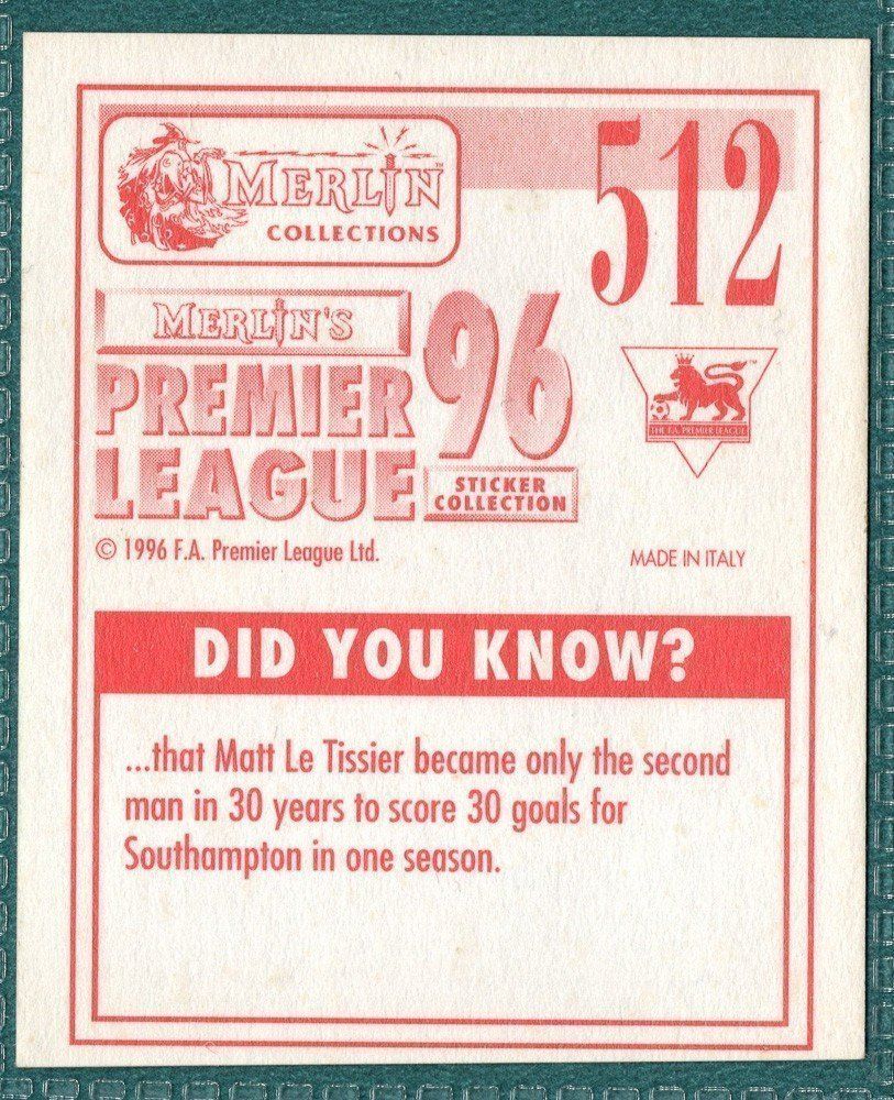 Merlin Premier League 96 Sticker - Chris Fairclough Bolton Wanderers No. 512 Picture 2