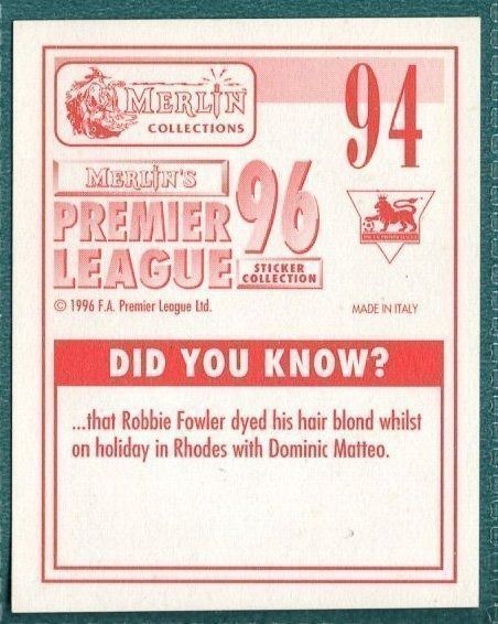 Merlin Premier League 96 Sticker – Jason McAteer Liverpool FC No. 94