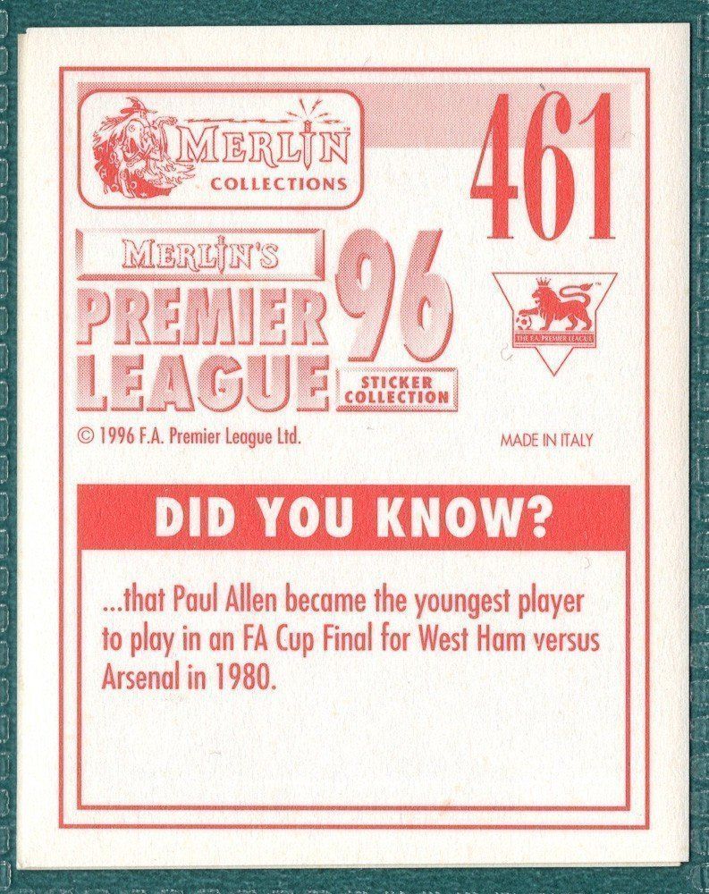 Merlin Premier League 96 Sticker – Riccardo Scimeca Aston Villa 461, Excellent Picture 2