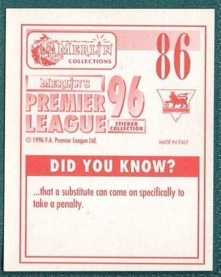 Merlin Premier League 96 Sticker – Stig Inge Bjornebye Liverpool FC No. 86