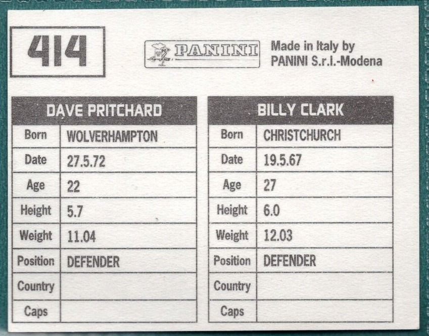 Panini Sticker Clark / Pritchard Bristol Rovers No.414 - Football League 95 Error Sticker