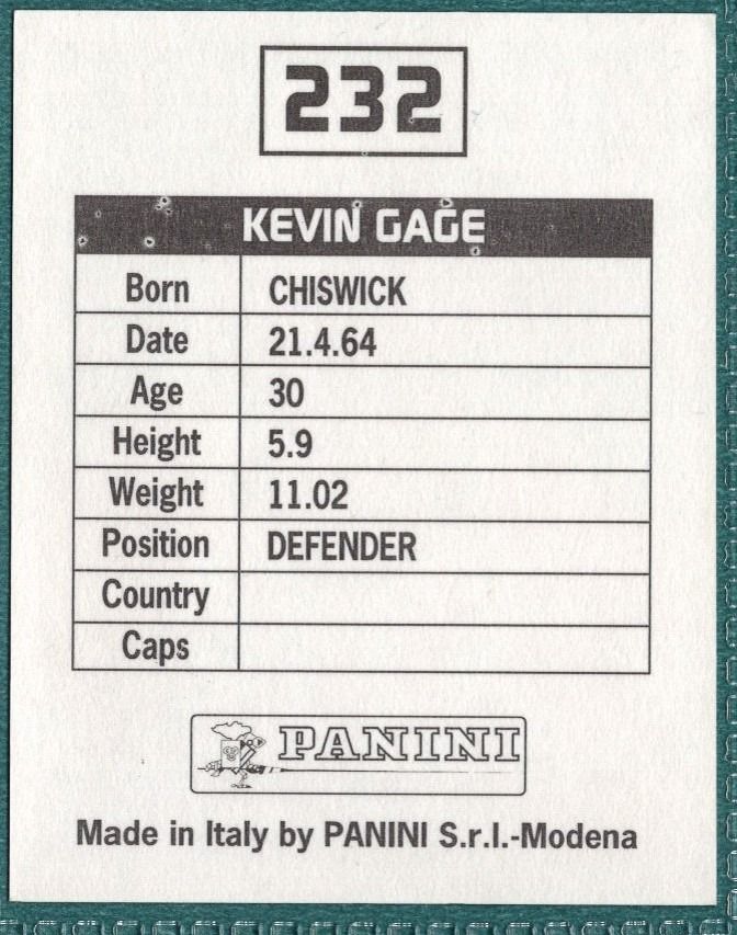 Panini Sticker Kevin Gage Sheffield United No.232
