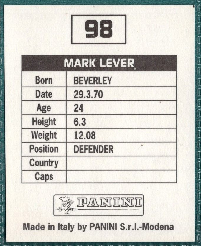 Panini Sticker Mark Lever Grimsby Town No.98