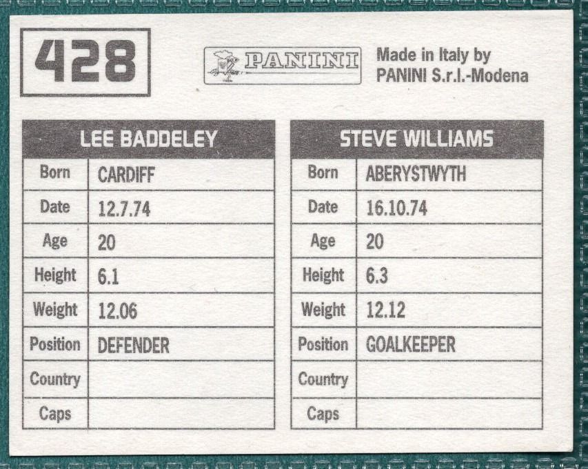 Panini Sticker Williams / Baddeley Cardiff City No.428