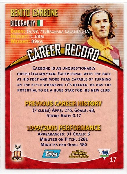 Benito Carbone Bradford City Topps Premier Gold 2001 Trading Card