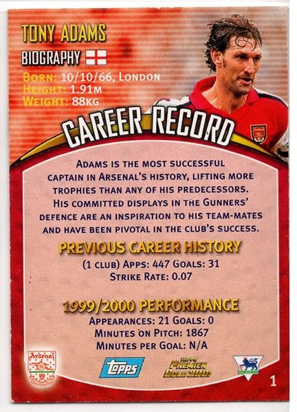 Tony Adams Arsenal Defender, No.1 Topps Premier Gold 2001 Trading Card