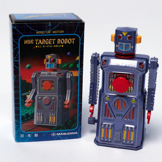 Vintage 1997 Masudaya Mini Target Robot Clockwork Tin Toy Replica Mint & Boxed