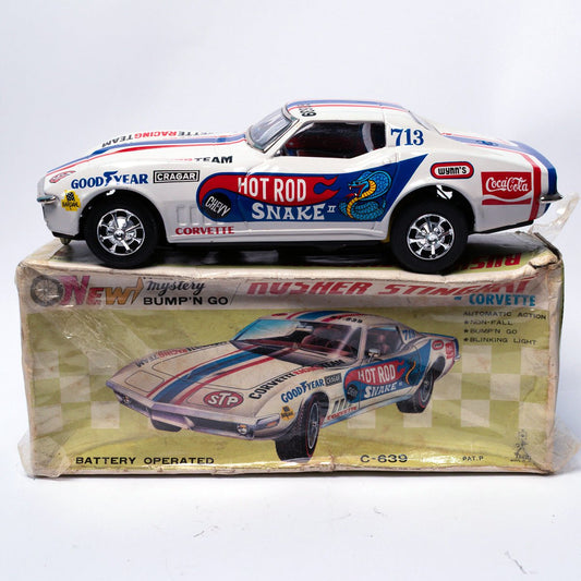 Vintage Rusher Stingray Corvette C - 639 Taiyo Bump 'n Go Tinplate Toy Car MIB